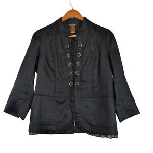 Multiples Black 100% Linen Ruffle Trim Button Front Jacket Sz Small Office Work